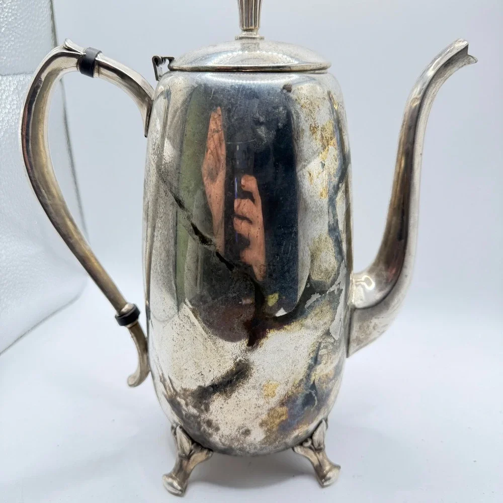 Vintage Silver Plated Coffee Pot‎ Footed Tea Pot Ornate Hinged Lid Tarnished